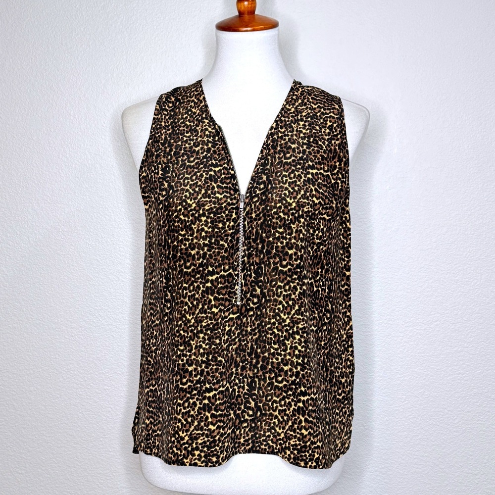 THE KOOPLES Silk Tank Top SMALL Front Zip Leopard Animal Print Chic Mob Wife